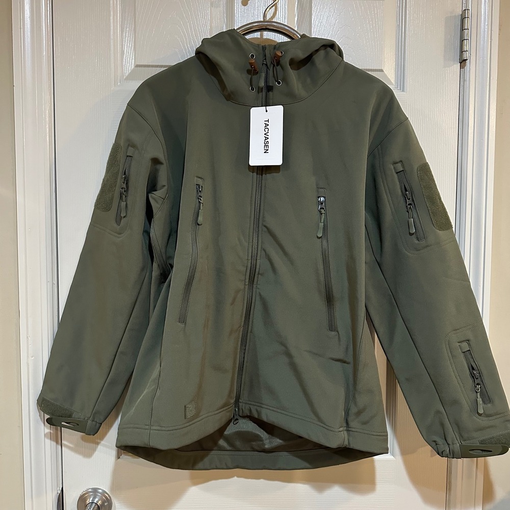TACVASEN Mens Tactical Softshell‎ Jacket Olive Green Fleece Lined Large NWT